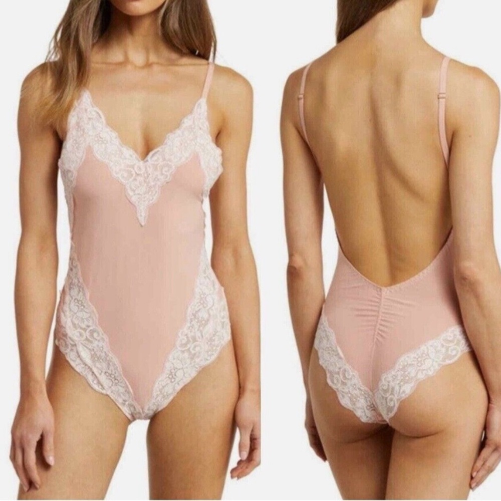 We are hah free people back off bodysuit pink lace small